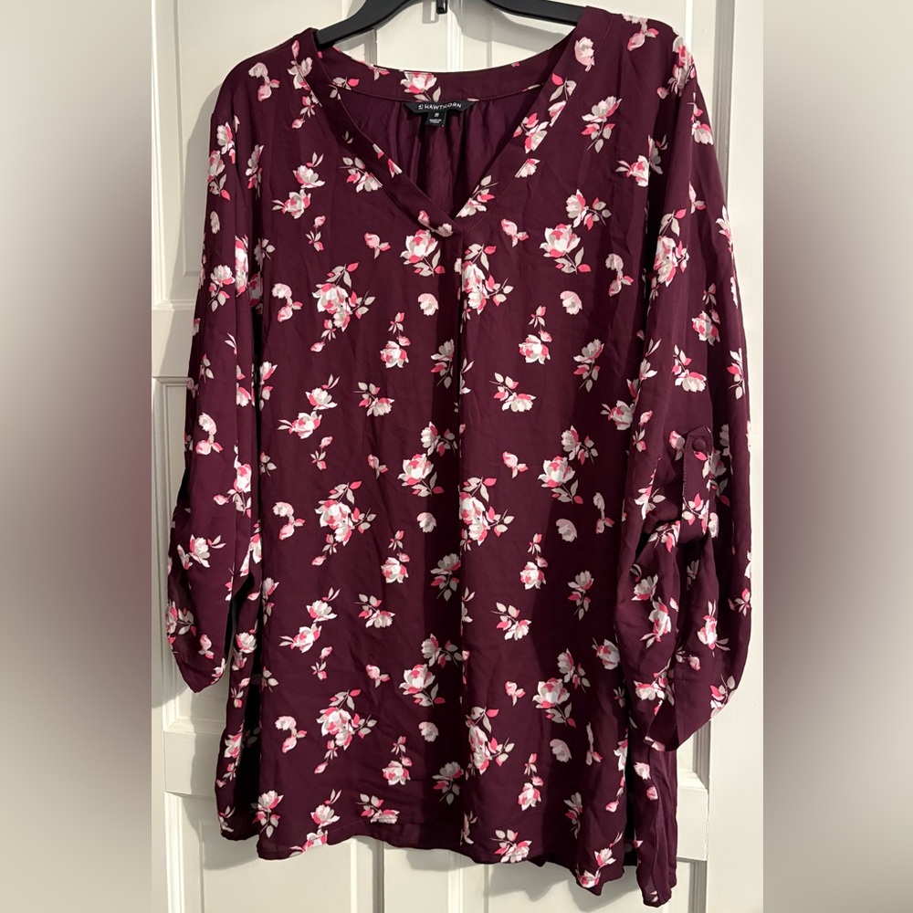41 Hawthorn Women’s Plus Burgundy Floral 3/4 Sleeve Blouse 3X